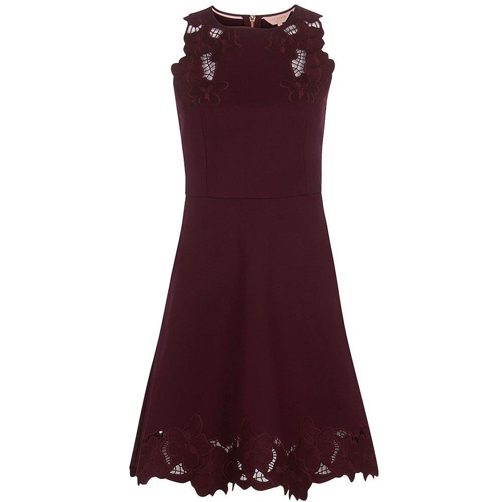 Ted Baker Emmona Embroidered Skater Dress Burgundy Sz 4 US 10 EUC